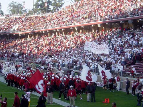 The Stanford Band rallying fans at Stanford Stadium.