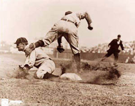 Charles Conlon's famous picture of Cobb stealing third during the 1909 season..