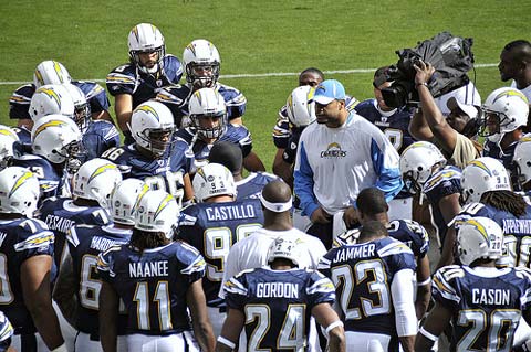 Shawne Merriman fires up the team.